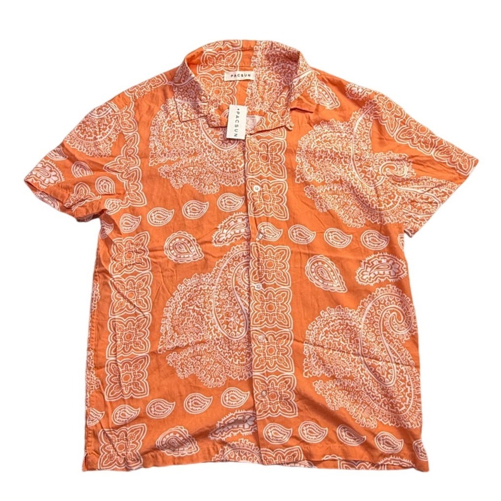 PacSun Mens Orange Paisley Viscose Short Sleeve Button Up Shirt Medium NEW